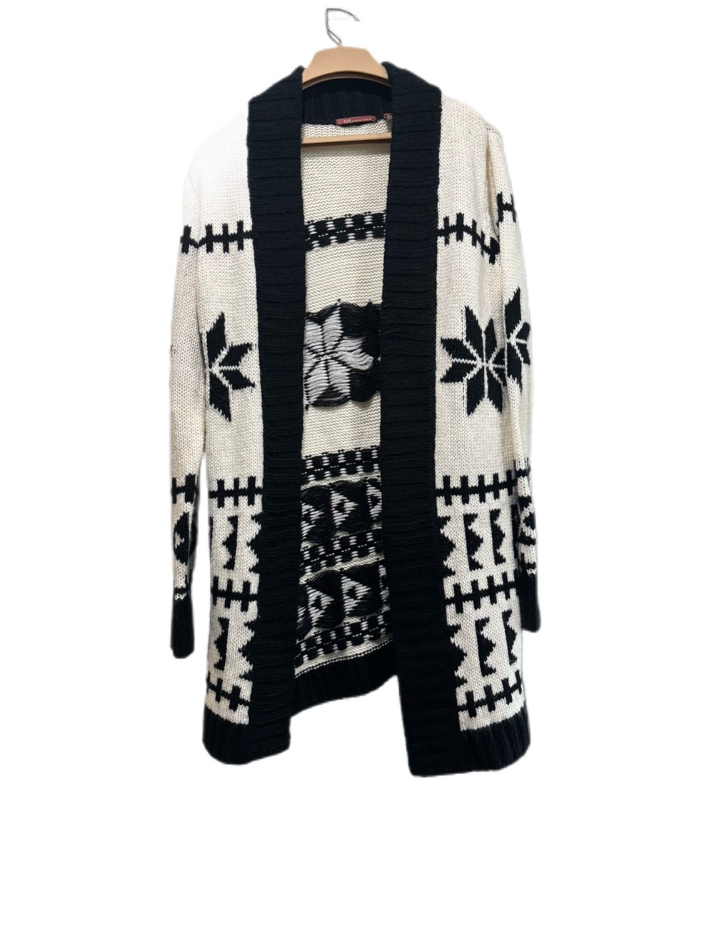 525 America Black White Aztec Snowflake Open Front Duster Cardigan Sweater M